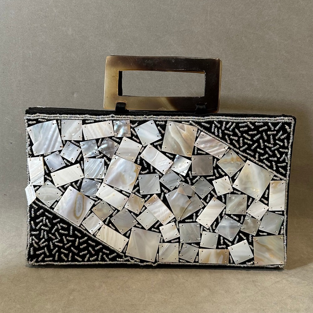 Vintage Mother of Pearl Beaded Clutch Black Satin Tortoise Resin Handle Bag